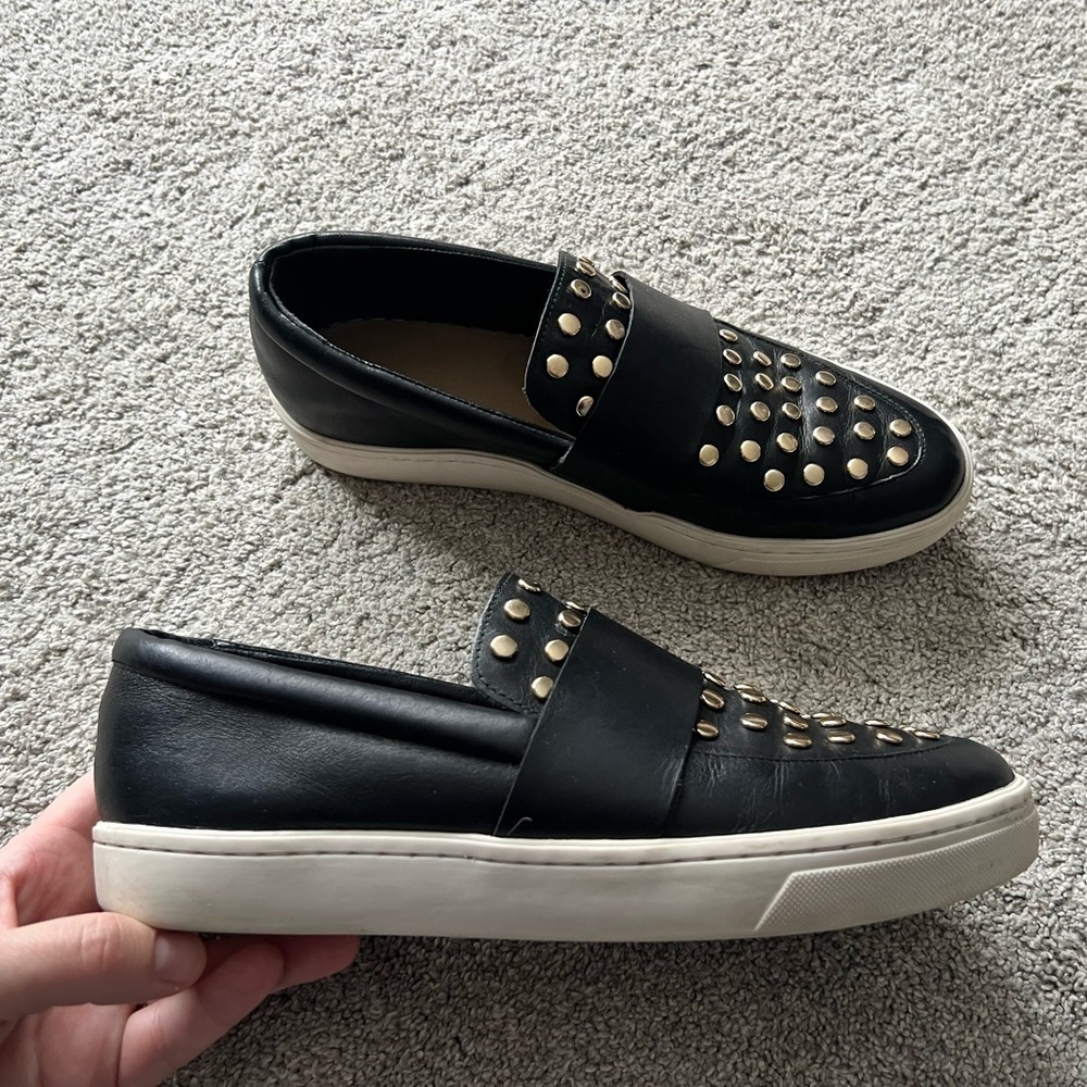 LOEFFLER RANDALL Size 10 Black Leather Studded Slip-On Sneakers - READ